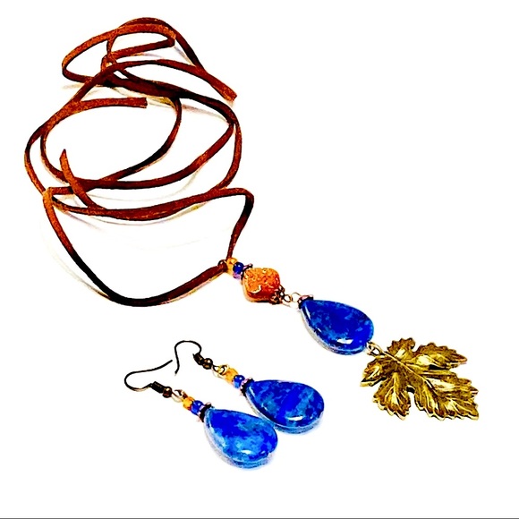 Bohemian LAPIS LAZULI Stone Earrings & Necklace w/ Sculpted Bronze Maple Leaf - Picture 4 of 14